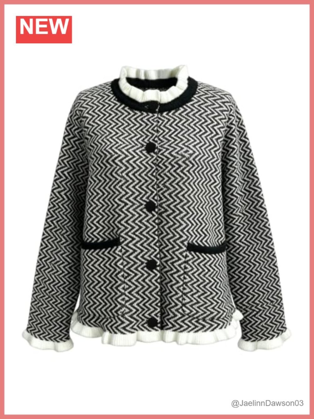 Womens Button Up Cardigan Sweater Ruffle Trim Chevron Knit with Pockets